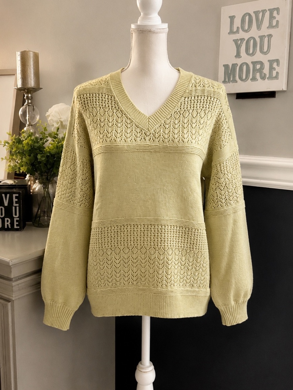 Sage Green Pointelle V-Neck Knit Sweater S
